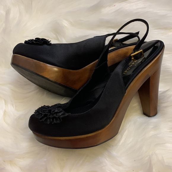 🆕 Loeffler Randall Made in Italy Slingback Black Satin and Wooden Heels - Picture 5 of 5